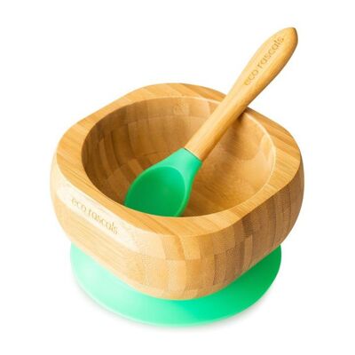Bamboo Suction Bowl & Spoon Set - Green