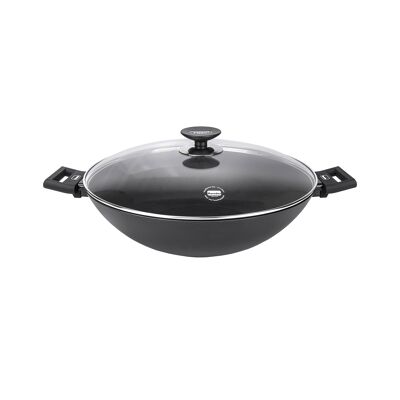 Wok, wok à induction en aluminium avec poignées et couvercle 36 cm, noir