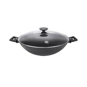 Wok, wok à induction en aluminium avec poignées et couvercle 36 cm, noir 1