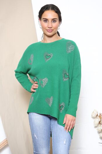 Pull vert d'hiver petit cœur scintillant 1