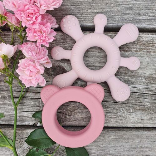Silicone baby rattle + teether rose-mauve