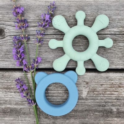 Silicone baby rattle + teether blue-green