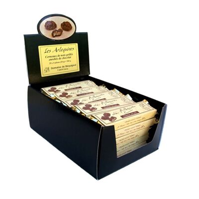 Présentoir Arlequines de Carlux - Etuis dorés de 3 chocolats 20 g, présentoir 25 étuis
