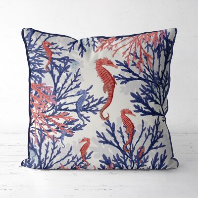 Coral and Seahorse, Pink and Blue, Nautical Pillow, Cushion cover, 45x45cm