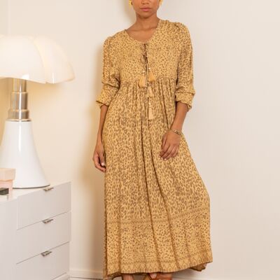 Langes Kleid im Bohemian-Print mit Pompons