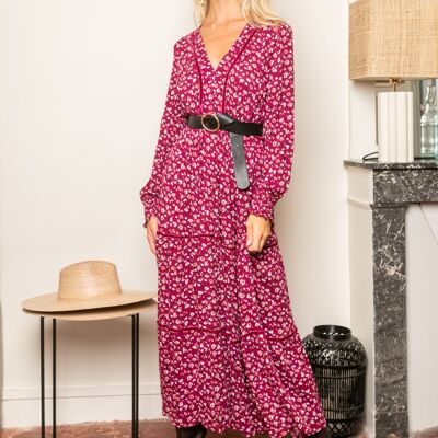 Maxi long dress in floral print with buttoned lace in front