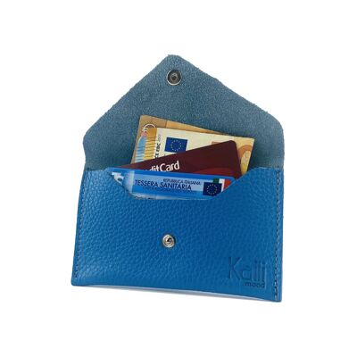 K0040OB | Sachet with flap Made in Italy in genuine full-grain leather, grained dollar - Light blue color - Dimensions: 13 x 8 x 0.5 cm - Packaging: rigid bottom/lid Gift Box