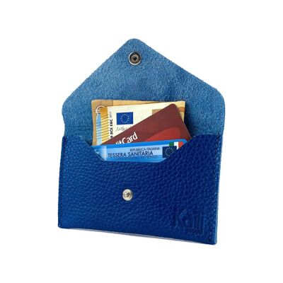 K0040DB | Sachet with flap Made in Italy in genuine full-grain leather, grained dollar - Color Blue - Dimensions: 13 x 8 x 0.5 cm - Packaging: rigid bottom/lid Gift Box