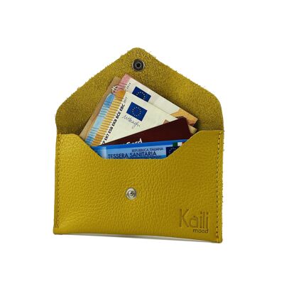 K0040RB | Beutel mit Klappe, hergestellt in Italien, aus echtem Vollnarbenleder, genarbter Dollar – Farbe Gelb – Maße: 13 x 8 x 0,5 cm – Verpackung: fester Boden/Deckel in Geschenkbox