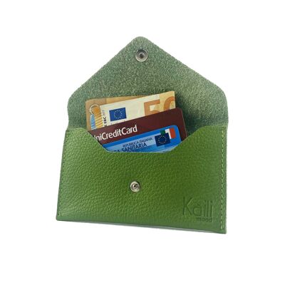 K0040EB | Sachet with flap Made in Italy in genuine full-grain leather, grained dollar - Green color - Dimensions: 13 x 8 x 0.5 cm - Packaging: rigid bottom/lid Gift Box