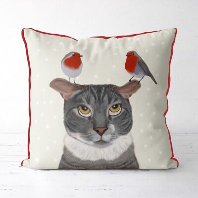 Grey Cat and Robins, Christmas Pillow, Cushion cover, 45x45cm