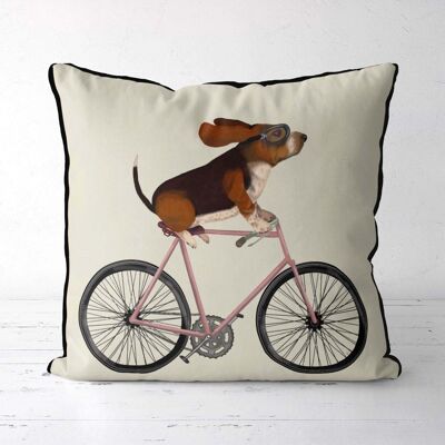 Basset Hound on Bicycle, Cream, Dog Gift Pillow, Cushion cover, 45x45cm