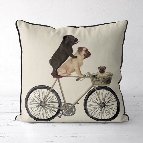 Pugs on Bicycle, Cream, Dog Gift Pillow, Cushion cover, 45x45cm