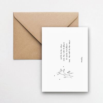 Flores y corazón - tarjeta 1015 papel hecho a mano y sobre reciclado