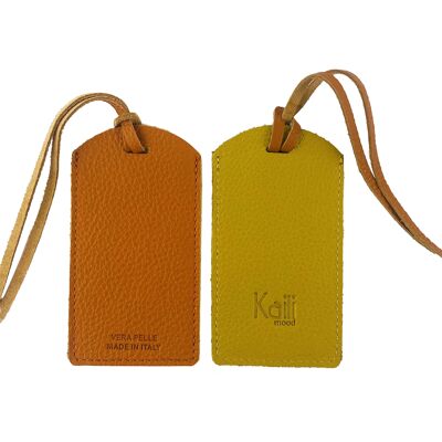 K0041LRB | Etiqueta de equipaje bicolor Made in Italy en cuero genuino de plena flor, grano dólar - Naranja/Amarillo - Dimensiones: 6,5 x 12 cm - Embalaje: caja de regalo con tapa/fondo rígido