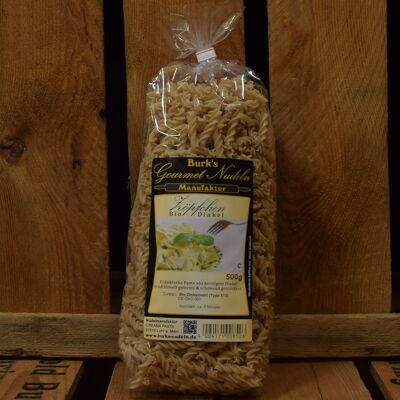 Gourmet organic spelled braided noodles made from light organic spelled flour, fusilli