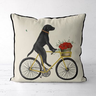 Black Labrador on Bicycle, Cream, Dog Gift Pillow, Cushion cover, 45x45cm