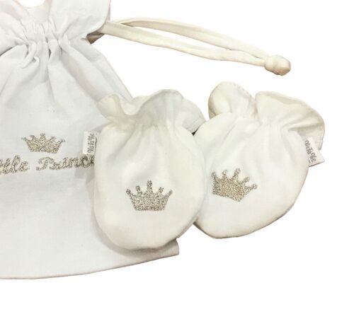 White baby gloves with small crown