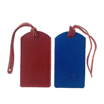 K0041VDB | Made in Italy two-tone luggage tag in genuine full-grain leather, grained dollar - Red/Blue - Dimensions: 6.5 x 12 cm - Packaging: rigid bottom/lid Gift Box