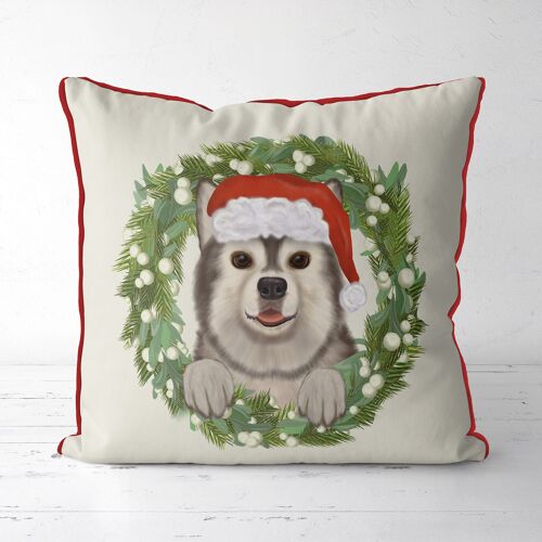 Husky Dog Wreath, Christmas Pillow, Cushion cover, 45x45cm