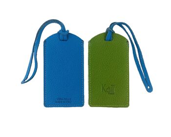 K0041EOB | Étiquette à bagage bicolore fabriquée en Italie en véritable cuir pleine fleur, grain dollar - Vert/Bleu - Dimensions : 6,5 x 12 cm - Emballage : fond/couvercle rigide Coffret Cadeau 1