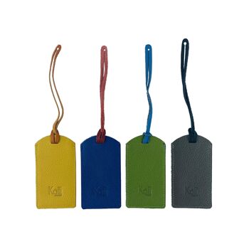 K0041EOB | Étiquette à bagage bicolore fabriquée en Italie en véritable cuir pleine fleur, grain dollar - Vert/Bleu - Dimensions : 6,5 x 12 cm - Emballage : fond/couvercle rigide Coffret Cadeau 2