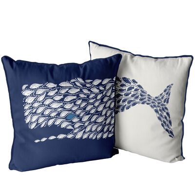 Fishy Whale Pair Set of 2, Midnight Blue on white, Nautical Coastal Pillow, Cushion cover, 45x45cms