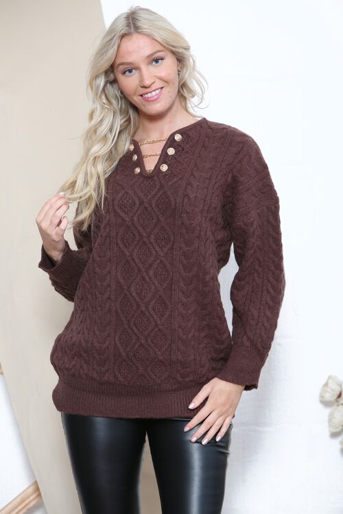 Brown cable heavy knit jumper with chain neck