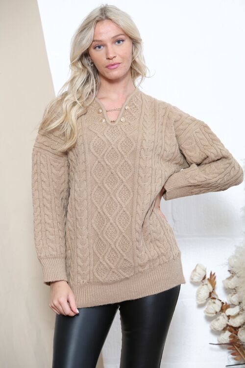 Camel cable heavy knit jumper with chain neck