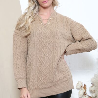 Camel cable heavy knit jumper with chain neck
