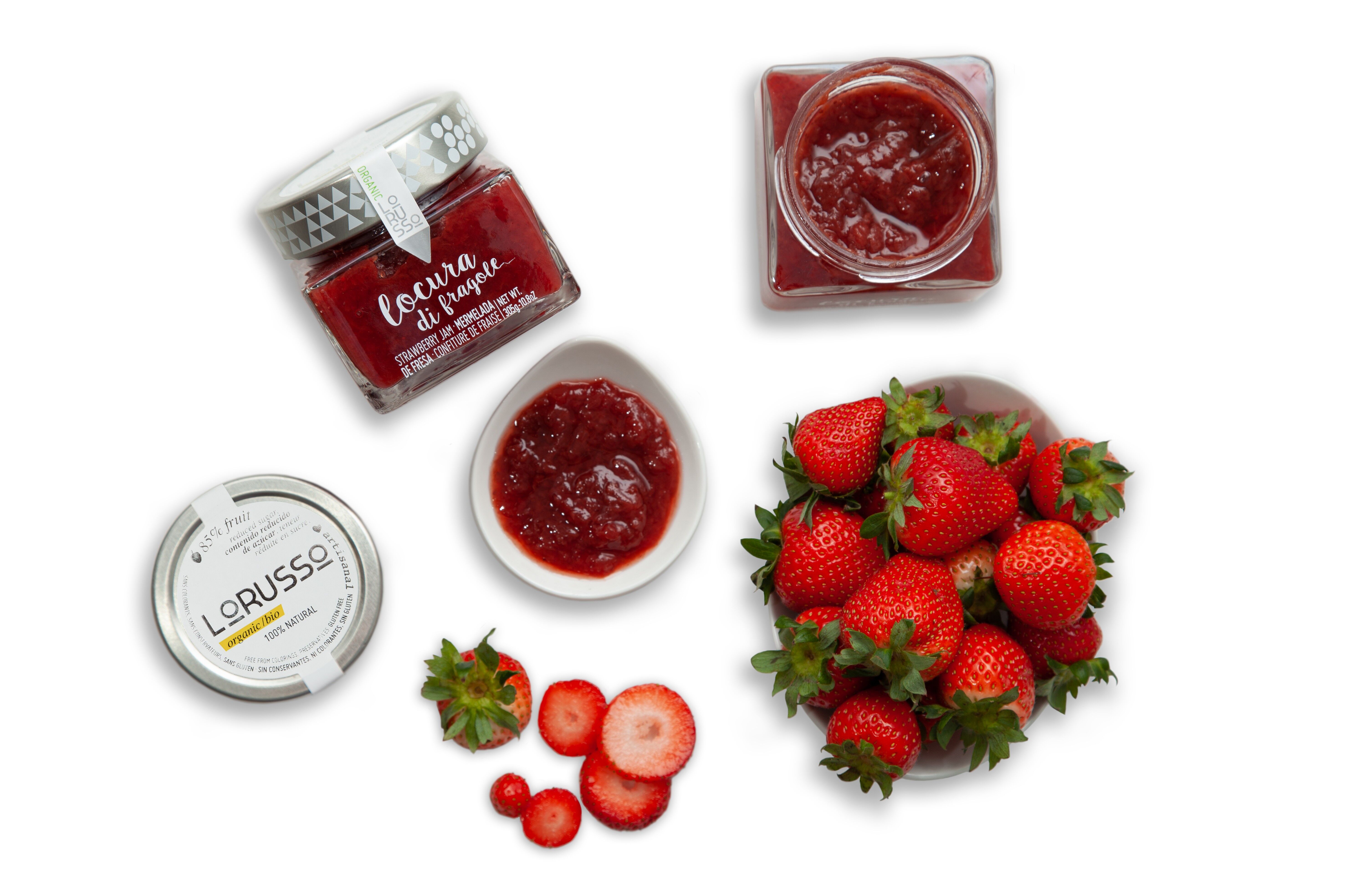 Mermelada ecológica artesanal de fresa 85% fruta 305g. Contenido reducido de azúcar.