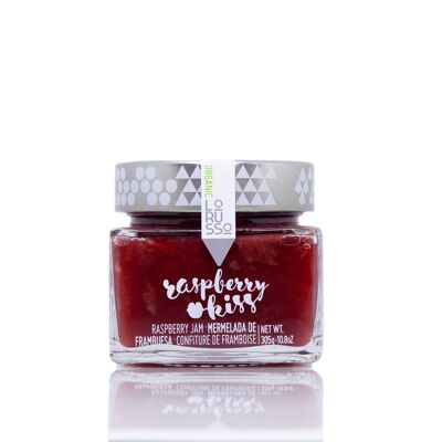 Artisanal organic raspberry jam 85% fruit 305g. Reduced sugar content