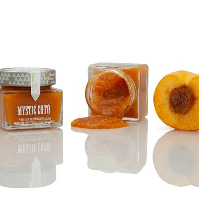 Organic artisanal peach jam 85% fruit 305g, reduced sugar content.
