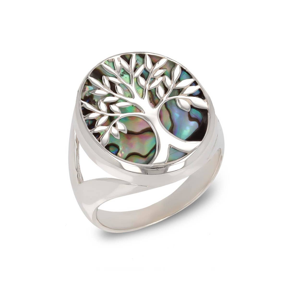 Bague nacre abalone argent 925 arbre de vie ciselé artisanale - 12x10mm