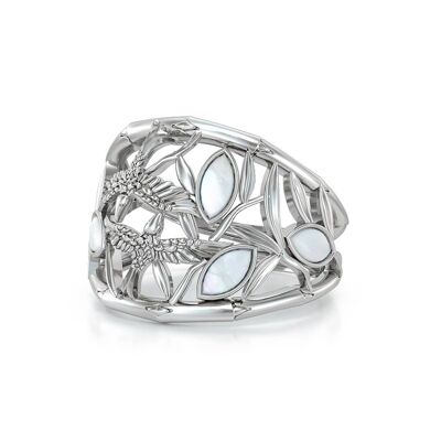 925 silver ring with white mother-of-pearl foliage and birds 50627-WS