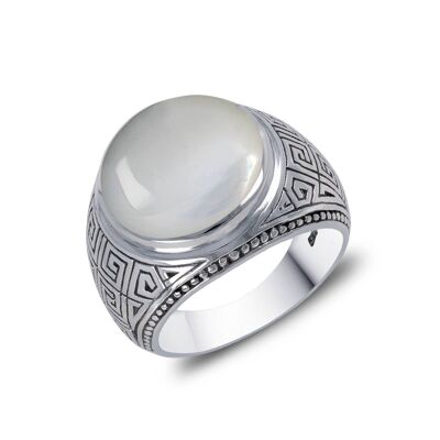 Men's Biker Ring White Mother of Pearl Silver Man-503-WS