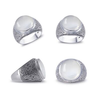 Anillo de sello de nácar blanco en plata 925, estilo motero geométrico - Ø15mm