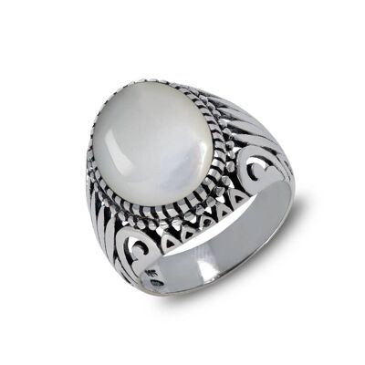 Men's Biker Ring White Mother of Pearl Silver Man-506-WS