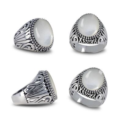Anillo de sello de nácar blanco en plata 925, estilo motero geométrico - 15x12mm