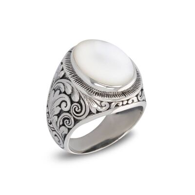Men's Biker Ring White Mother of Pearl Silver Man-509-WS
