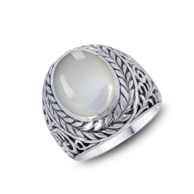 Men's Biker Ring White Mother of Pearl Silver Man-511-WS