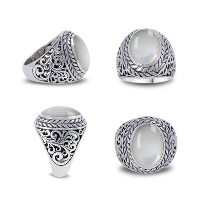 Anello con sigillo in madreperla bianca in argento 925, stile motociclista premium - 15x10 mm