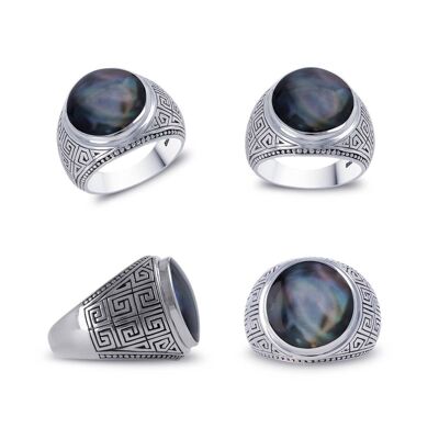 Anello con sigillo in madreperla nera in argento 925, stile biker geometrico - Ø15mm