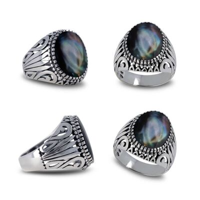 Black mother-of-pearl signet ring in 925 silver, geometric biker style - 15x12mm