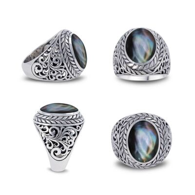 Black mother-of-pearl signet ring in 925 silver, premium biker style - 15x10mm
