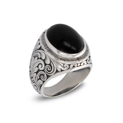 Anillo Biker Hombre Onix Plata Man-509-O