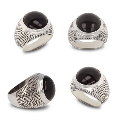Black mother-of-pearl signet ring in 925 silver, geometric biker style - Ø15mm