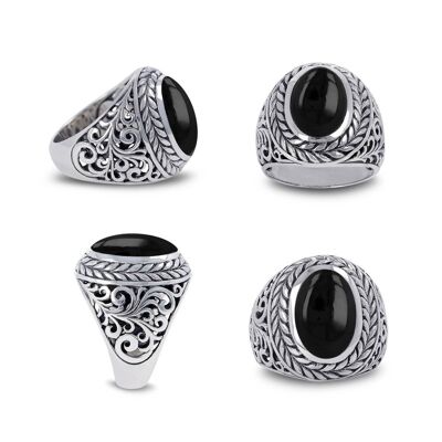 Anillo de sello estilo motero de ónix en plata 925 premium (15 x 10 mm)