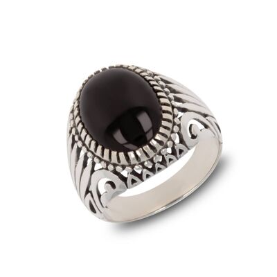 Black Oval Onyx Stone Biker Ring on Sterling Silver