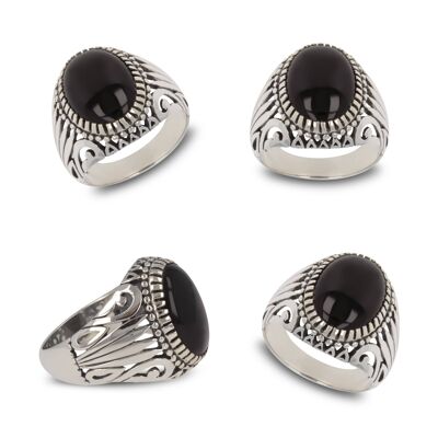 Black onyx signet ring in 925 silver, geometric biker style - 15x12mm